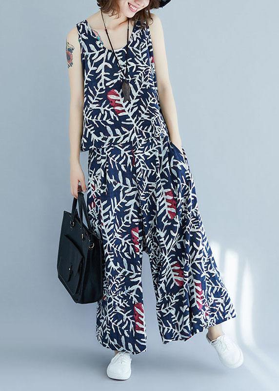 Blue Print Sleeveless Two-piece Set Summer Cotton Linen