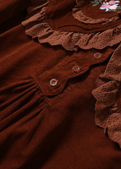 Diy Chocolate Embroideried Button Corduroy Blouses Spring