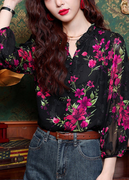 Black Ruffled Print Button Chiffon Shirt Long Sleeve