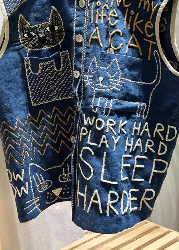 Navy Embroideried Linen Beach Vest Sleeveless