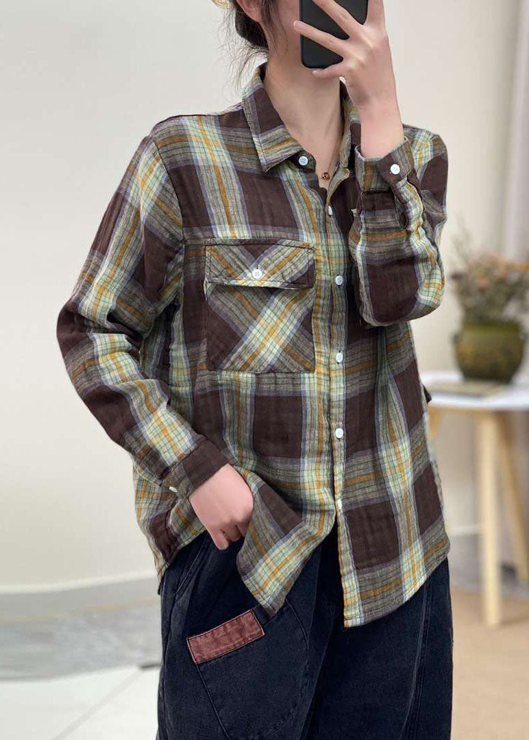 Green Button Peter Pan Collar Plaid Cotton Shirt Tops Spring
