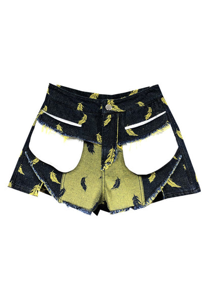Stylish Navy Feathers Embroideried Patchwork Denim Shorts Summer