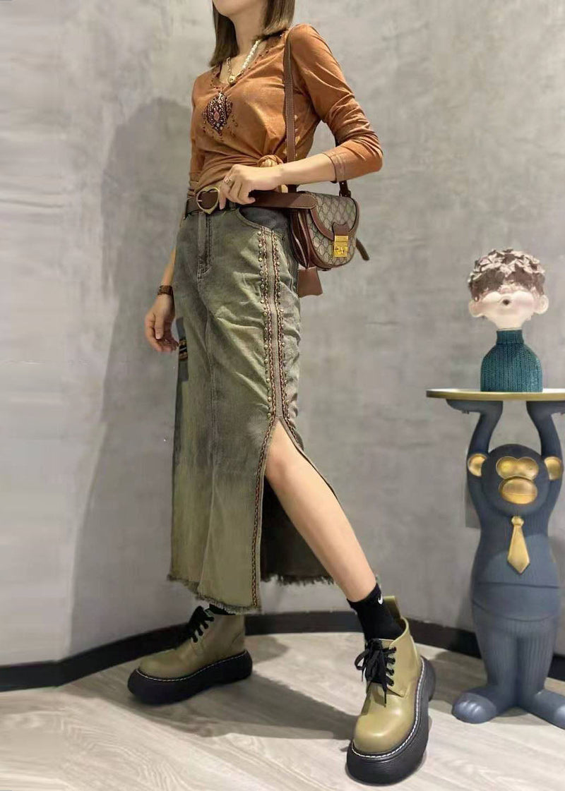 Photo Color Side Open Patchwork Tasseled Denim Skirt Summer