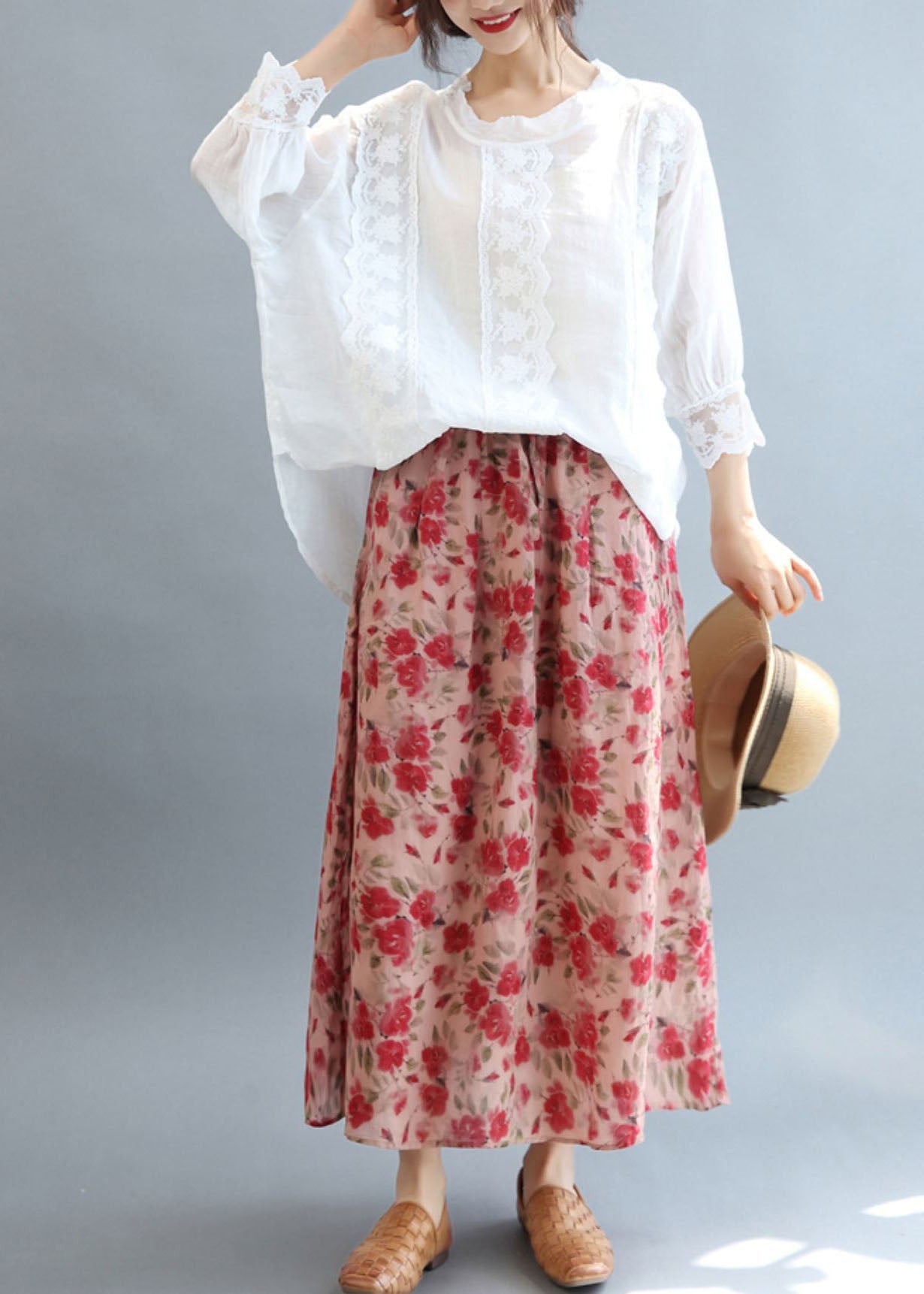 White O-neck Oversized Linen Blouse Tops Bracelet Sleeve