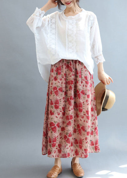 White O-neck Oversized Linen Blouse Tops Bracelet Sleeve