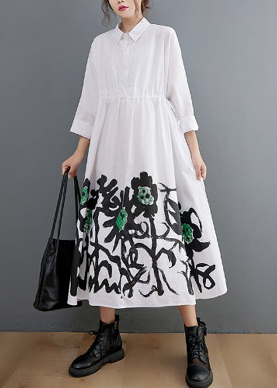 White Peter Pan Collar Button Pockets Shirt Dress Long Sleeve