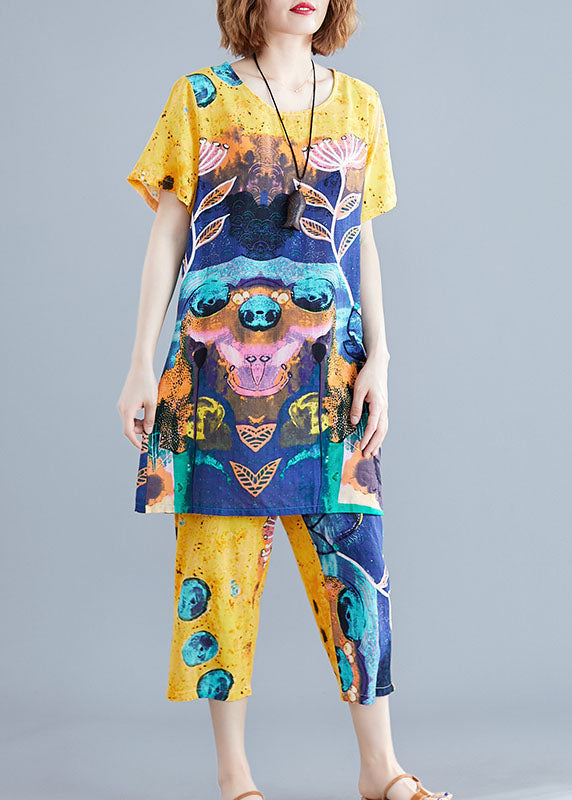 Yellow Cotton Tops and Pants Set Outfits O-neck Summer