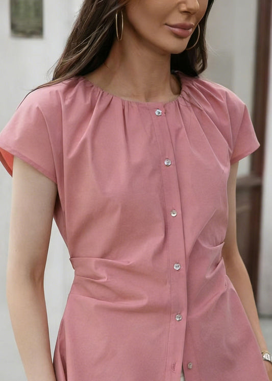 Pink O Neck Wrinkled Cotton Shirt Tops Summer