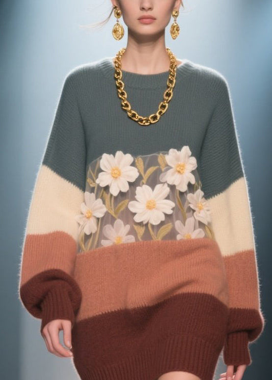 Italian Colorblock O Neck Knit Dress Winter
