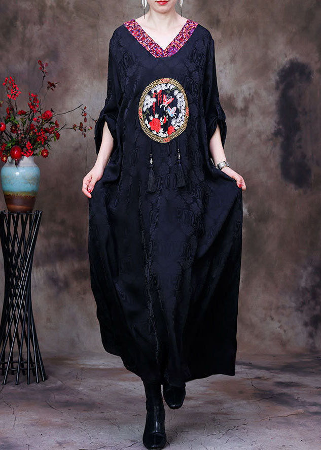 Black V Neck Butterfly Embroideried Tassel Silk Long Dresses Long Sleeve