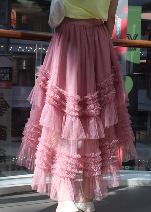 Pink Ruffled Asymmetrical Design Tulle Skirts Spring