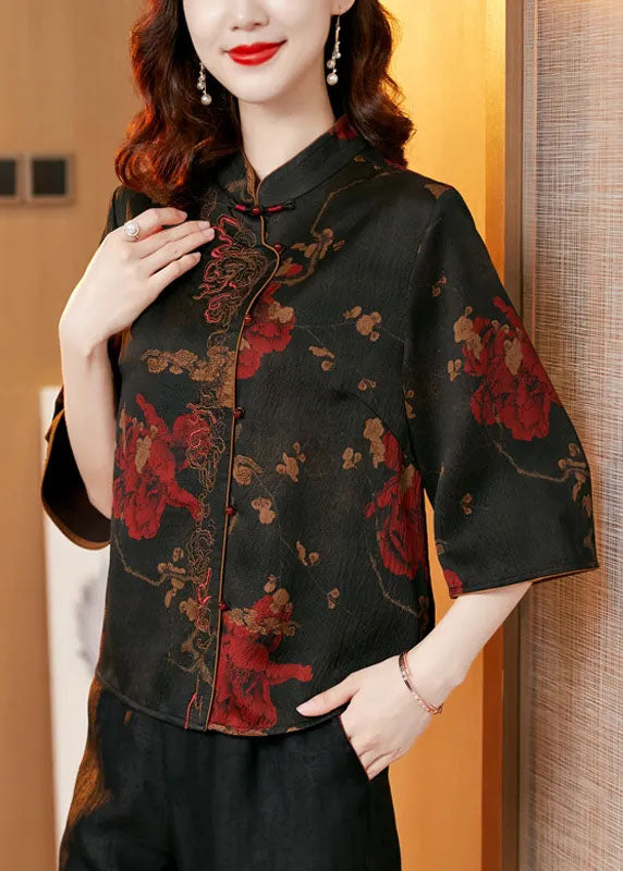 Fine Black Stand Collar Print Silk Two Piece Set Clothing Half Sleeve