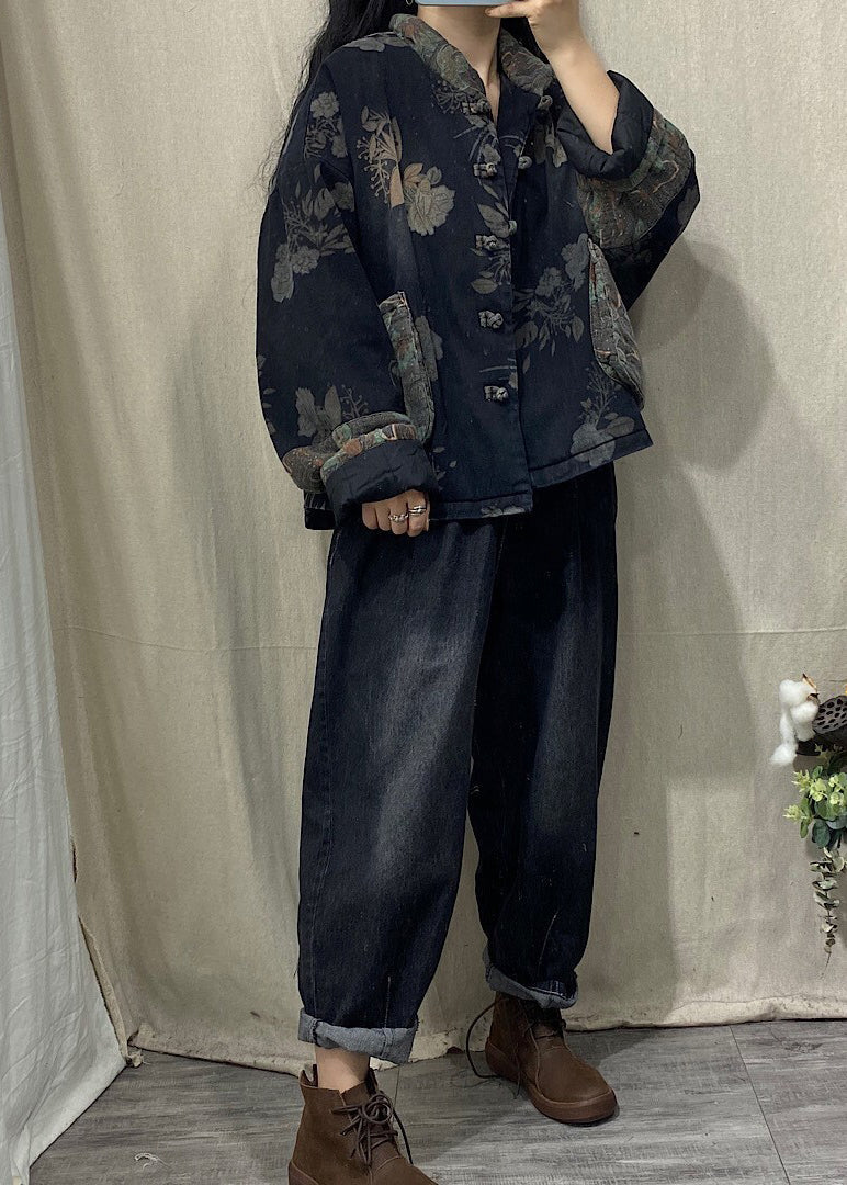 Black Mandarin Collar Print Fine Cotton Filled Witner Coat