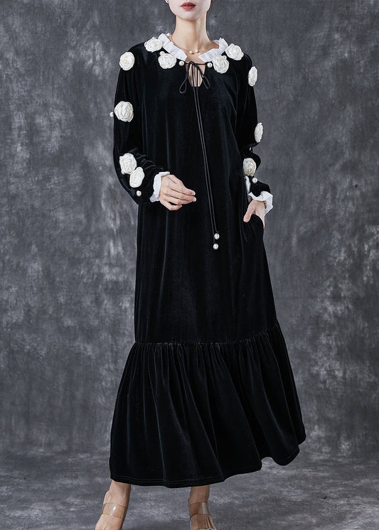 Modern Black Lace Up Silk Velour Maxi Dress Spring