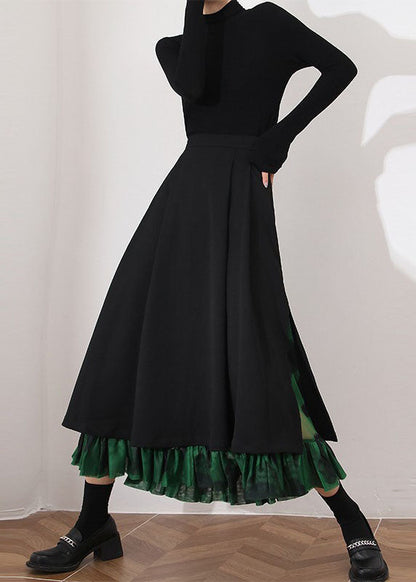 Modern Black Cinched Patchwork Side Open Skirt Spring