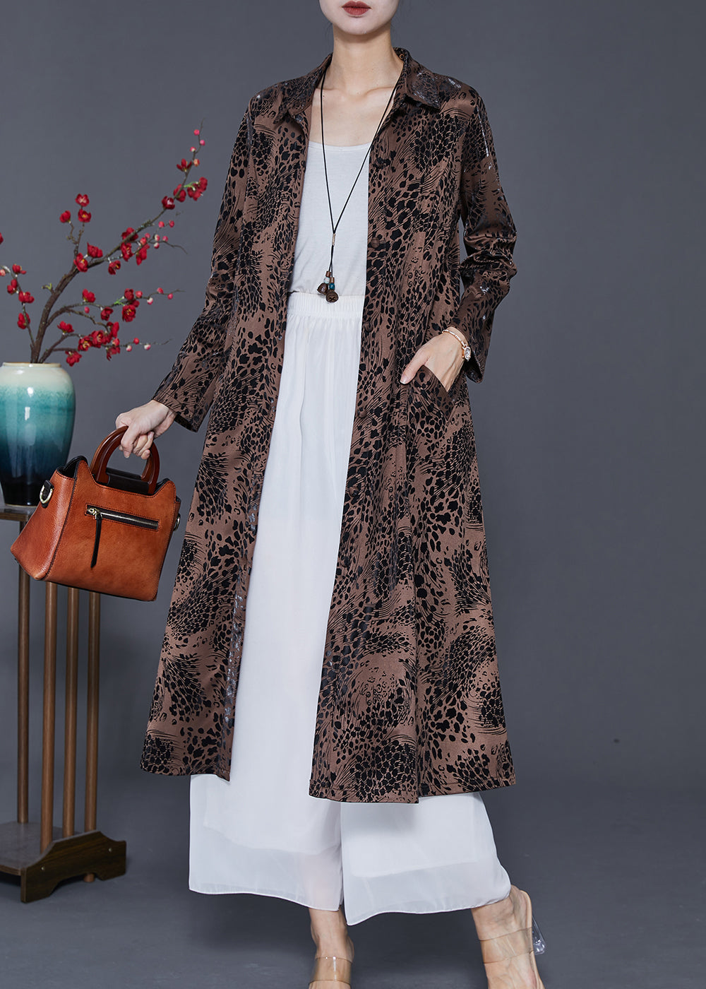 Brown Print Cotton a Line Dress Peter Pan Collar Spring