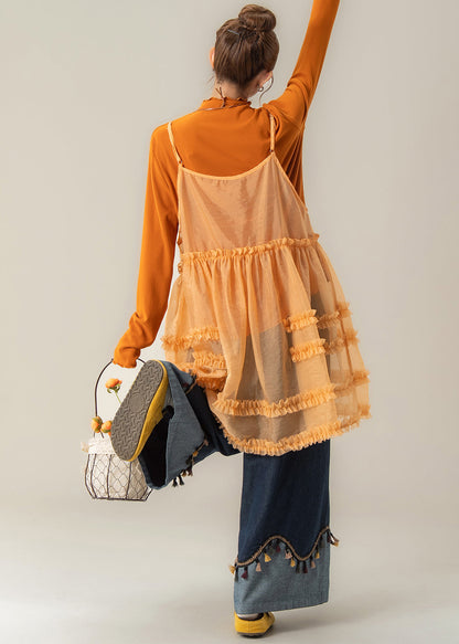 French Orange Ruffled Spaghetti Strap Dress Cotton T Shirt and Denim Pants 3 Pieces Set Spring