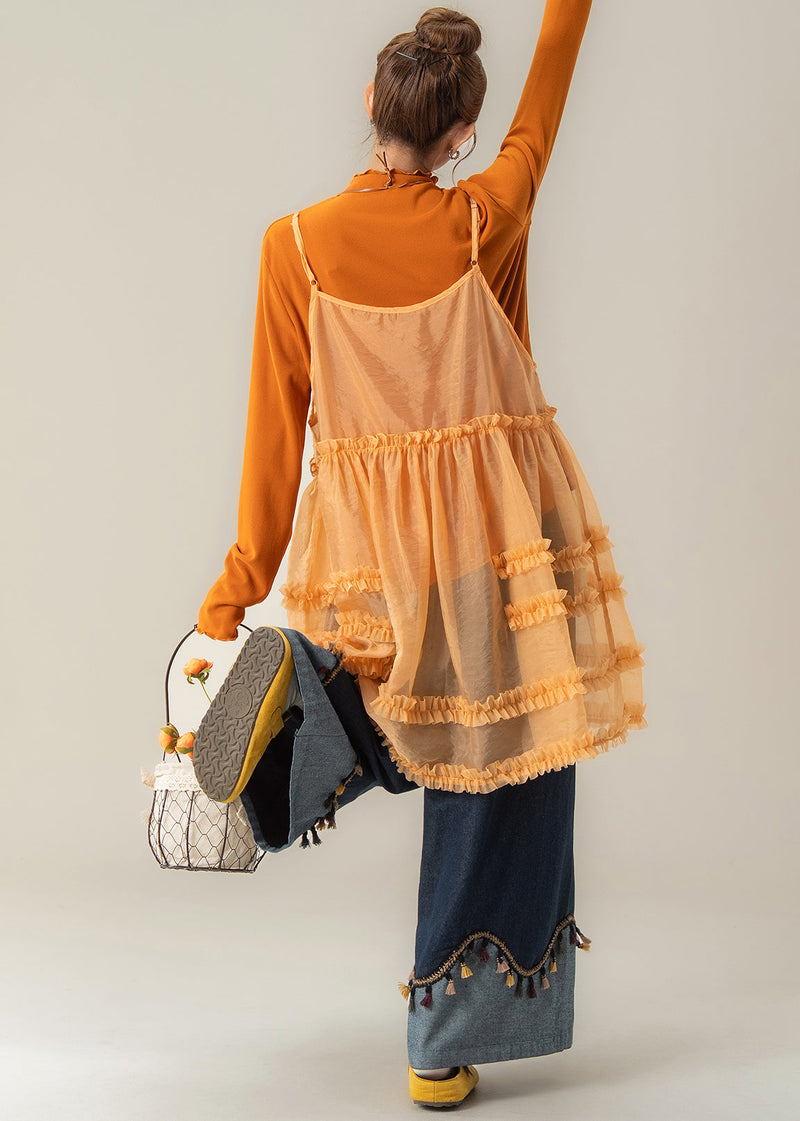 French Orange Ruffled Spaghetti Strap Dress Cotton T Shirt and Denim Pants 3 Pieces Set Spring