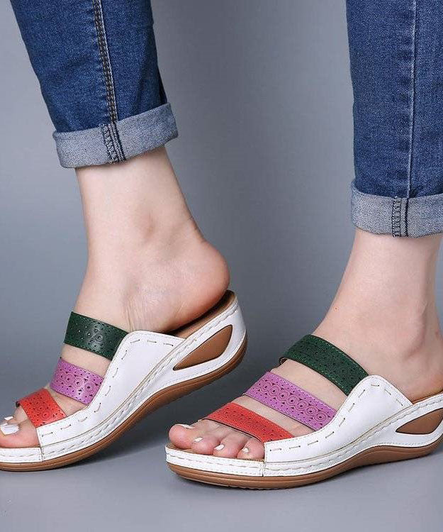 White Slide Sandals Wedge Faux Leather Simple Splicing