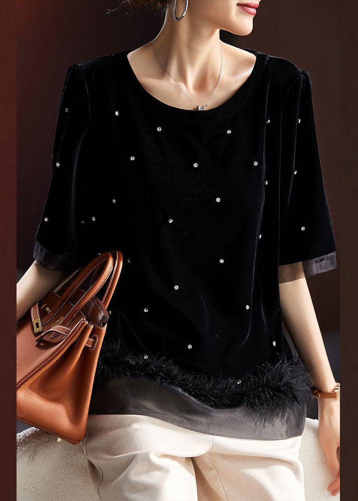 Black O-neck Zircon Tassel Patchwork Fluffy Silk Velour Top Summer