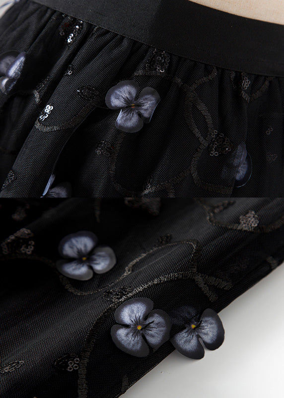 Art Black Embroideried High Waist Tulle Pleated Skirts Spring