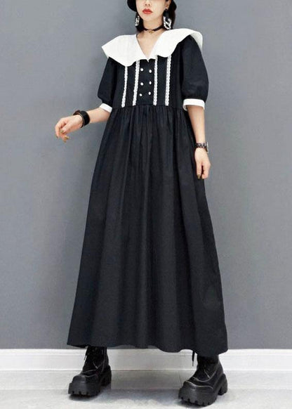 Diy Black Peter Pan Collarbuttonpatchwork Half Sleeve Robe Dresses Fall
