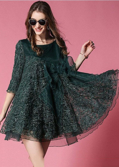 Blackish Green Bow Patchwork Organza Vacation Dress Half Sleeve