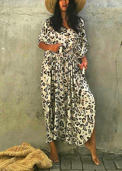 Art Leopard Tie Waist Cotton Dress Summer Beach Gown