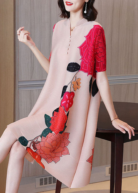 Apricot Print Silk a Line Dress Stand Collar Wrinkled Short Sleeve