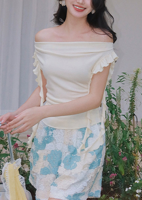 Apricot Ruffled Cotton T Shirt Top Slash Neck