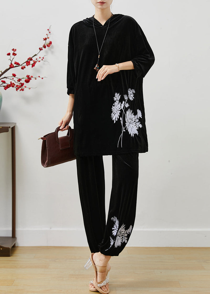 Fine Black Hooded Print Silk Velvet Two Pieces Set Spring