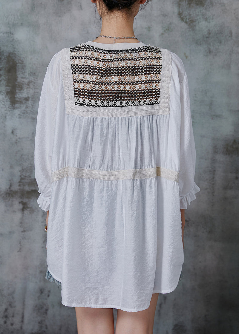 White Oversized Patchwork Cotton Tops Bracelet Sleeve