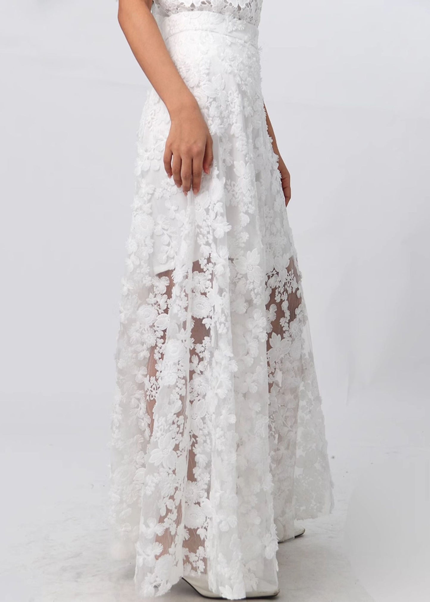 White Zippered High Waist Lace Skirt Summer