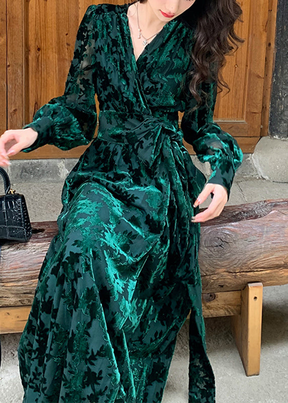 Diy Green V Neck Print Silk Velour Tie Waist Maxi Dresses Fall