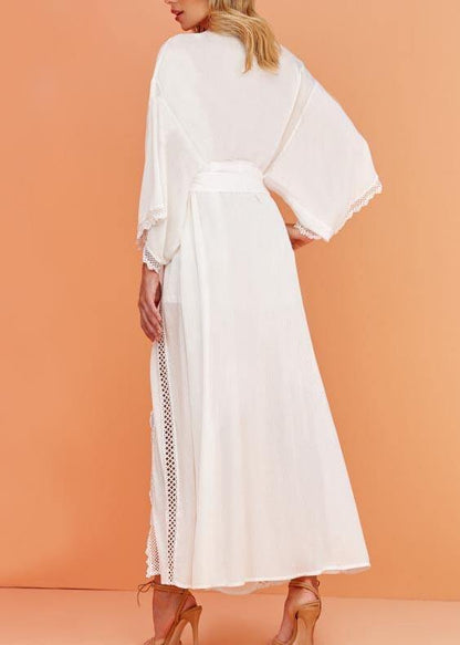 French White Patchwork Tie Waist Kimono Robe Maxi Chiffon Dress