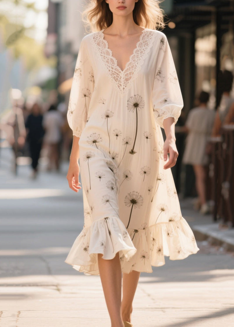 White Print Patchwork Chiffon Long Dress Bracelet Sleeve