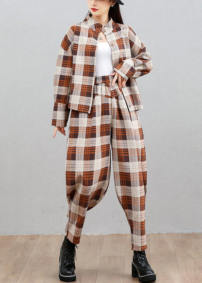 Plaid Button Top and Beam Pants Two Pieces Set Spring