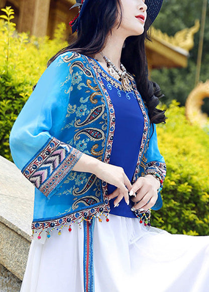 Blue V Neck Print Tassel Cardigan Summer