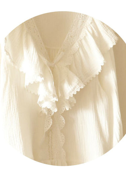 Art White Ruffled Patchwork Lace Cotton Pajamas Sets Spring