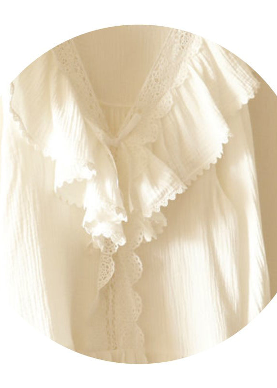Art White Ruffled Patchwork Lace Cotton Pajamas Sets Spring