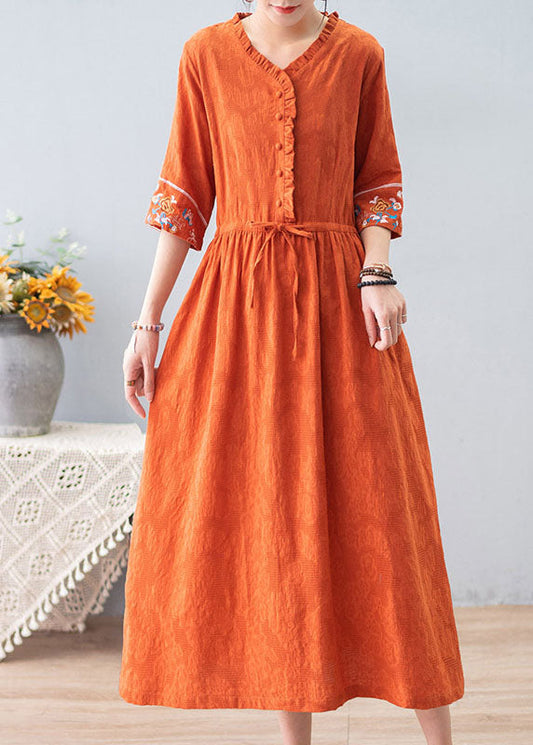 Orange Ruffled Drawstring Embroideried Jacquard Cotton Dresses Half Sleeve