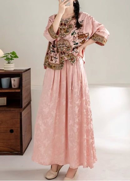 Pink Jacquard Exra Large Hem Silk Skirt Spring
