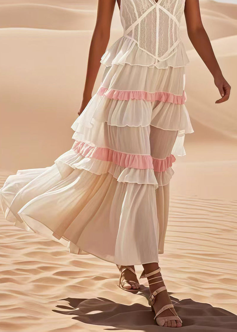 Fitted White Ruffled Patchwork Cotton Spaghetti Strap Dress Summer