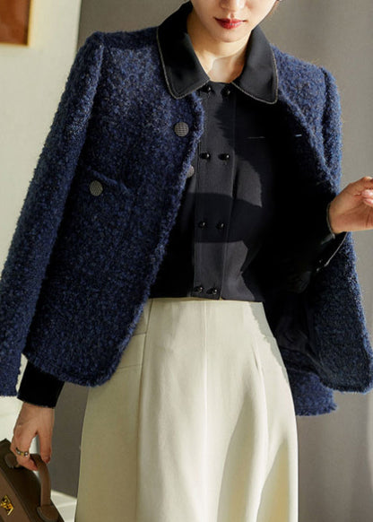 Blue V Neck Button Pockets Ma Hai Mao Coat Long Sleeve