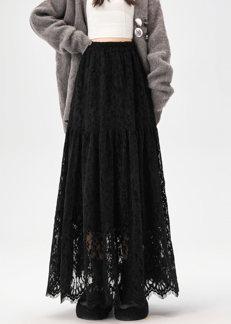 Black Elastic Waist Lace Skirt Hollow Out