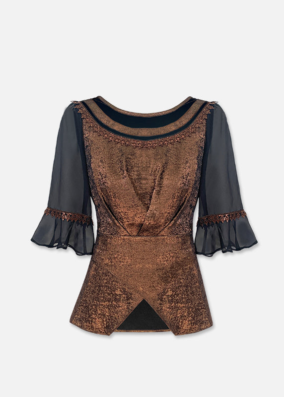 French Style New Coffee Asymmetrical Patchwork Chiffon Top Summer