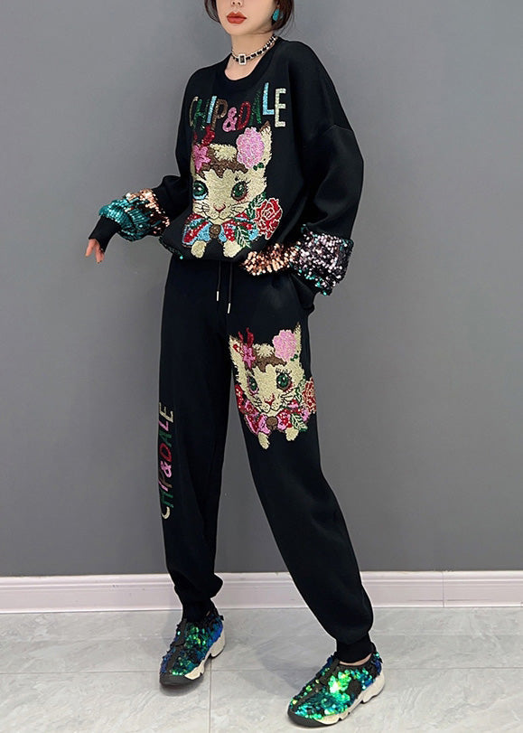 Loose Black O-neck Little Cat Print Top and Beam Pantstwo Pieces Set Spring