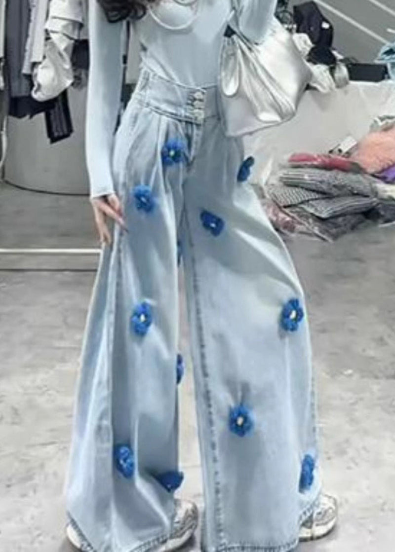 Modern Black Button High Waist Denim Wide Leg Pants Fall