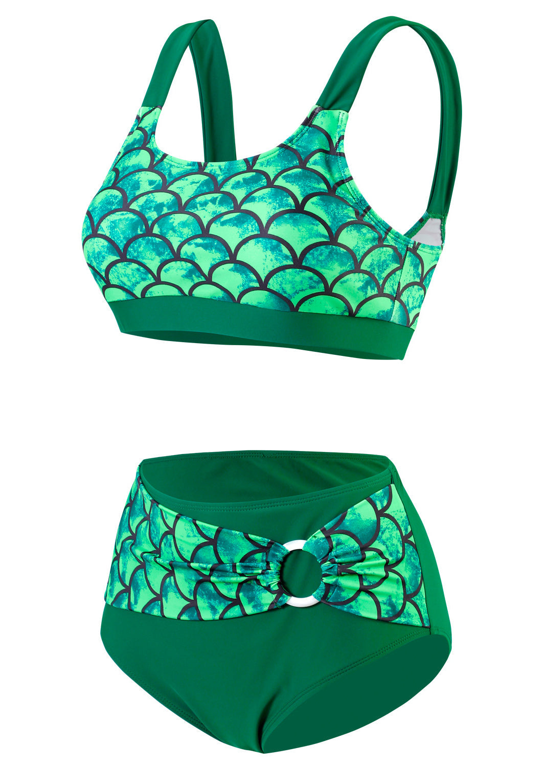 European and American Bikini High Waisted Fish Scale Print Swimwear Set