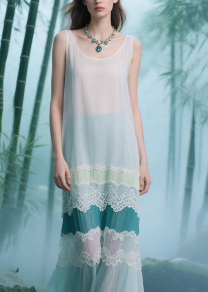 Natural White Patchwork Lace Tulle Long Dresses Sleeveless